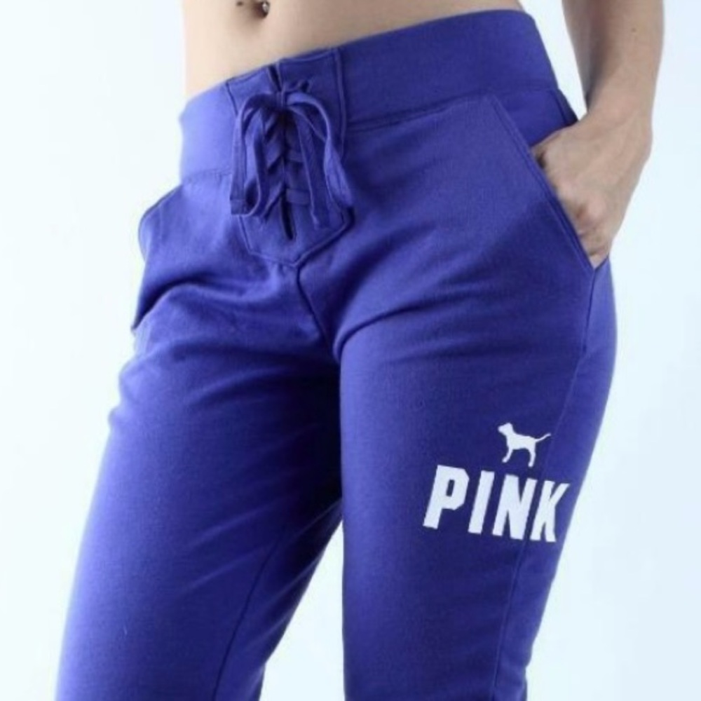 PINK Victoria's Secret Royal Blue Corset Style Tie Front Joggers Size S/M